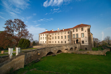 Fototapeta na wymiar The Nelahozeves Chateau, finest Renaissance castle, Czech Republic. Main gate with bridge.