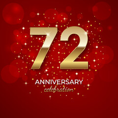 72th Anniversary. Golden number 72 with sparkling confetti and glitter for celebration events, weddings, invitations and greeting cards. Realistic 3d sign. Vector festive illustration