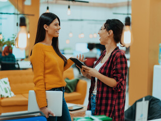 Portrait of two businesswomen talking to each other while standing in a modern business office with...
