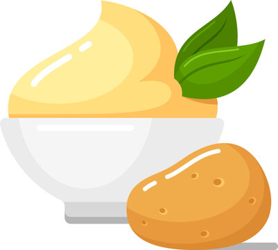 Mashed Potatoes In White Deep Bowl. Boiled Vegetable Side Dish Icon With Green Leaves And Potato Tuber. Vector Flat Illustration Isolated On Background