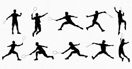 Boys and girls playing badminton silhouettes isolated on paper textured white backgrounds. Friends sport fun. Badminton players in action.