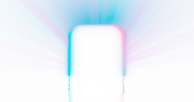 Neon light lines on png transparent background with reflection on the floor. Neon frame for your design.	
