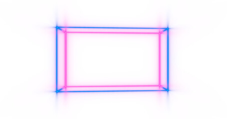 Neon light lines on png transparent background with reflection on the floor. Neon frame for your design.