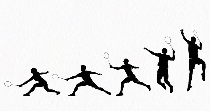 Boys and girls playing badminton silhouettes isolated on paper textured white backgrounds. Friends sport fun. Badminton players in action.