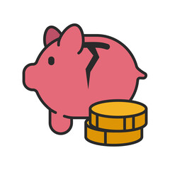 Low incomes. A broken piggy bank and some coins. The concept of declining incomes, economic crisis and poverty