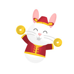 Rabbit in traditional Chinese dress holding coin in Chinese new year