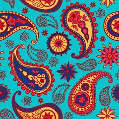 Hand drawn seamless pattern of indian paisley blue red turquoise background. Ethnic oriental turkish fabric print, flower floral damsk, teture textile illustration, ornamental vitage retro art.