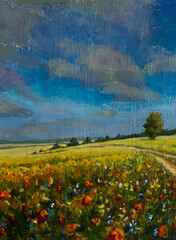 Oil painting russian landscape rural field with flowers and road impressionism