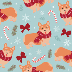Corgi in a scarf with Christmas elements. Cute festive dogs seamless pattern. Hand-drawn vector illustration in trendy colors.