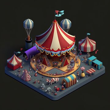 Circus town in darkness, isometric amusement park, circus tent illustration, black background