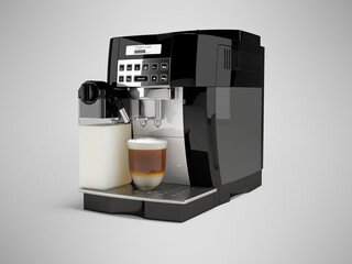 3D illustration of automatic coffee machine with ready mug of cappuccino on gray background with shadow