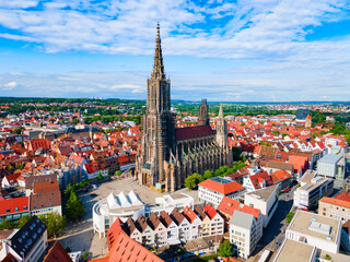 Fototapeta na wymiar Ulm Minster Church aerial panoramic view, Germany