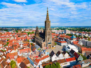 Fototapeta na wymiar Ulm Minster Church aerial panoramic view, Germany