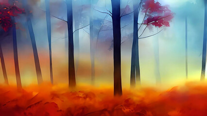 watercolor painting of landscape image for Autumn season image with Generative AI.