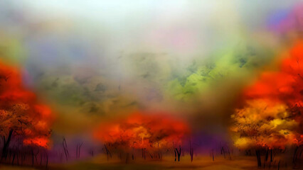 watercolor painting of landscape image for Autumn time, autumn image with Generative AI.