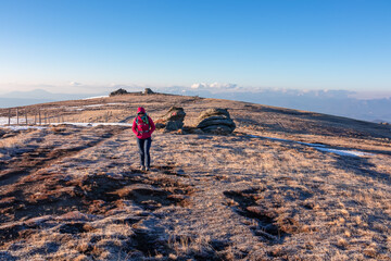 Woman hiking on frozen alpine meadow from Ladinger Spitz to Gertrusk, Saualpe, Lavanttal Alps,...