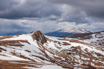 Scenic view on summit cross of mountain peak Gertrusk seen from Ladinger Spitz, Saualpe, Carinthia,...