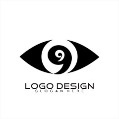 Eye logo design. Illustration of an eye with the concept of the number nine on the iris, pupil and cornea .