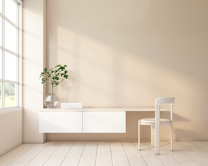  Japandi style room decorated with minimalist desk and glass vase. 3d rendering 