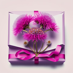 Gift box decorated with dandelions and ribbon