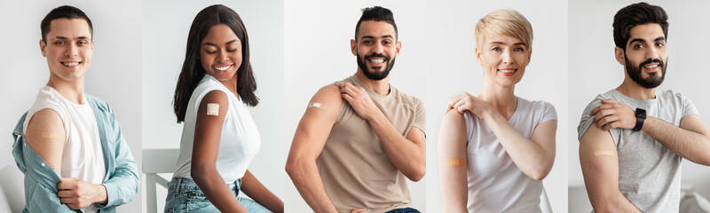 Collage of happy diverse vaccinated people with band-aids on arms - obrazy, fototapety, plakaty