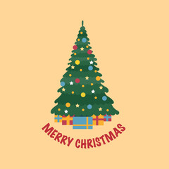 Bright laconic Christmas square card. Christmas tree decorated with balls with gifts and a short congratulation. 
