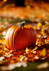 Naklejka na ściany i meble Happy Thanksgiving day, pumpkins and fallen leaves on the autumn background, autumn scene, festive atmosphere, beautiful pumpkin scene, bokeh, digital illustration