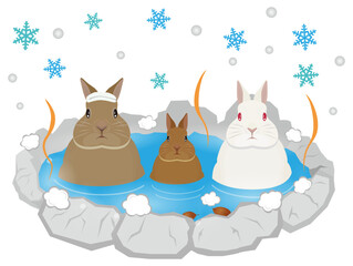 温泉に入るうさぎの家族