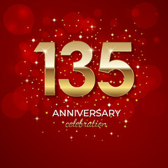 135th Anniversary. Golden number 135 with sparkling confetti and glitter for celebration events, weddings, invitations and greeting cards. Realistic 3d sign. Vector festive illustration