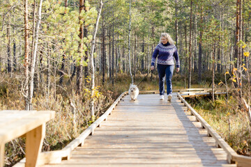 Woman with West Highland white terrier walking on forest trail