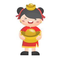 girl in traditional Chinese dress holding gold money in Chinese new year