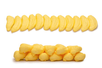 Banana marshmallow candy isolated on a white background.