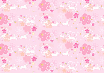 かわいい梅の花とうさぎの春らしいパターン和柄イラスト