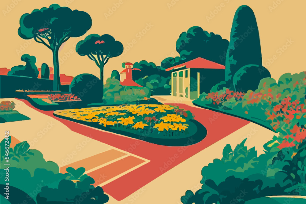 Poster design of a park full of trees and colorful flowers