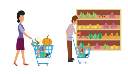 Digital illustration of people shopping with carts in a grocery store on a white background