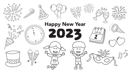 Hand drawn Kids drawing vector Illustration set of Happy New Year 2023 in a cartoon style