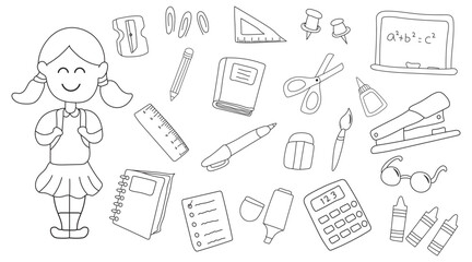 Hand drawn Kids drawing vector Illustration of children school set in doodle style