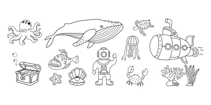 Kids drawing vector Illustration hand drawn Deep ocean diver with set of marine things and sea animals in doodle style