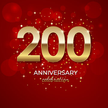 200th Anniversary. Golden number 200 with sparkling confetti and glitter for celebration events, weddings, invitations and greeting cards. Realistic 3d sign. Vector festive illustration