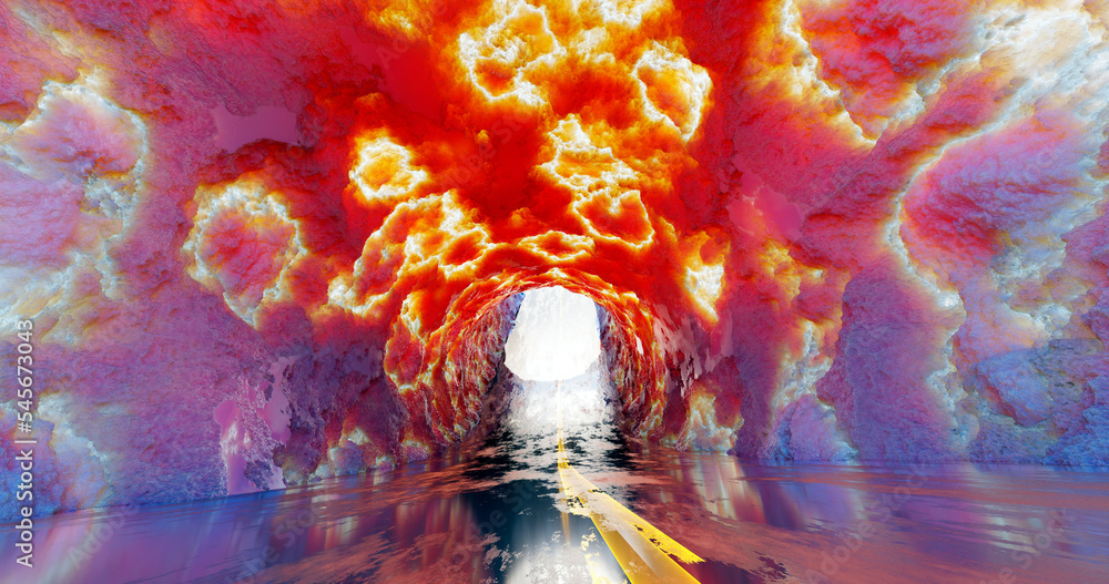 Aufkleber 3d rendering. a tunnel with a road going into the distance with a stone texture with bright luminous