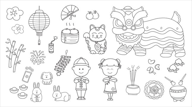 Kids drawing vector Illustration set of Chinese New Year 2023 and cute rabbit for chinese rabbit year in doodle style