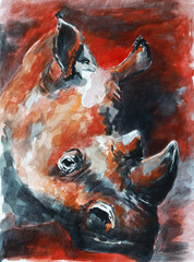 Red futuristic rhino. Modern expressionist handmade watercolor painting