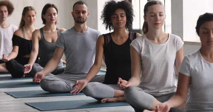 Multiracial girls and guys closed eyes breathing seated cross-legged on mats in row during yoga class practising meditation enhancing self-awareness, resting after work out, wellness lifestyle concept
