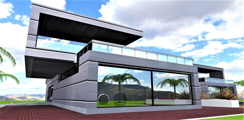 Unusual shape country house made of steel panels with mirror panoramic windows. 3d rendering. - obrazy, fototapety, plakaty
