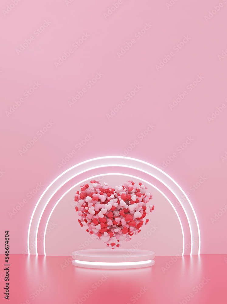 Poster light neon and heart made with hearts for product display on podium pink background with space for t