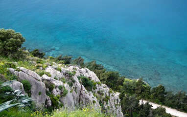 Landscape in Greece.Rocky coast of the sea with turquoise waters