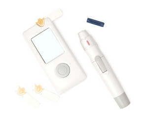 Blood glucose meter, test strip isolated on white background
