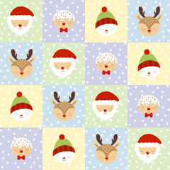 Seamless cute winter Merry Christmas and Happy New Year pattern on colorful background with cartoons of Santa Claus, reindeer, snowman, gingerbread and snow for wallpaper, wrapping paper or decoration