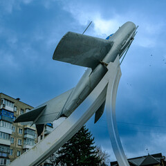 Ryadyansky aircraft mig-15 on a pedestal, a monument in the city of Vinnitsa