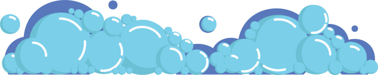 Cartoon soap foam set with bubbles. Light blue suds of bath, shampoo, shaving, mousse. 